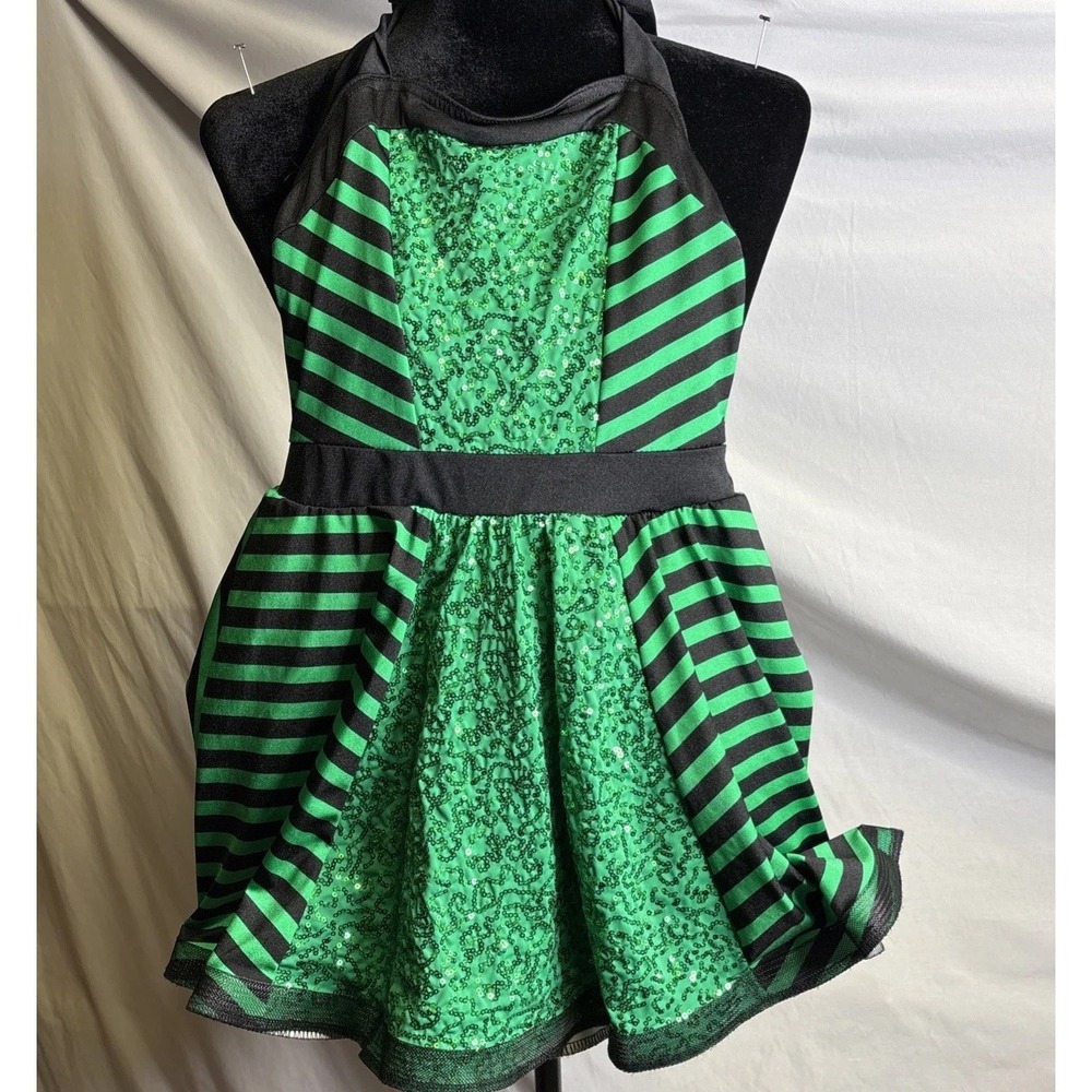 Weissman Green And‎ Black Sequins Halter Top Dance Costume  Medium Child - Picture 2 of 16